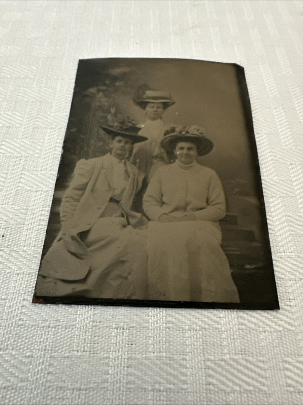 Tintype Photo of Three Victorian Well Dressed Women Hats 3.5 x 2.5 Inch